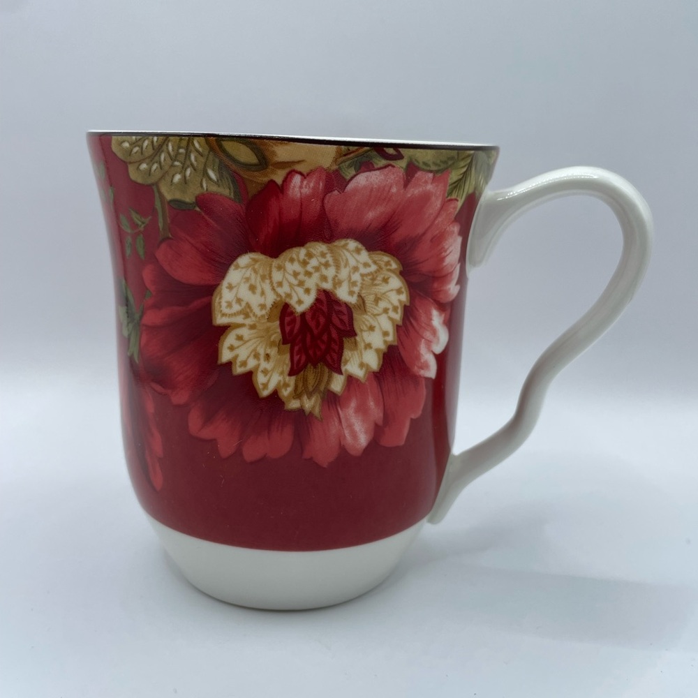 222 Fifth Fleur Rouge Mug 4 1/8" w Red Floral Design
